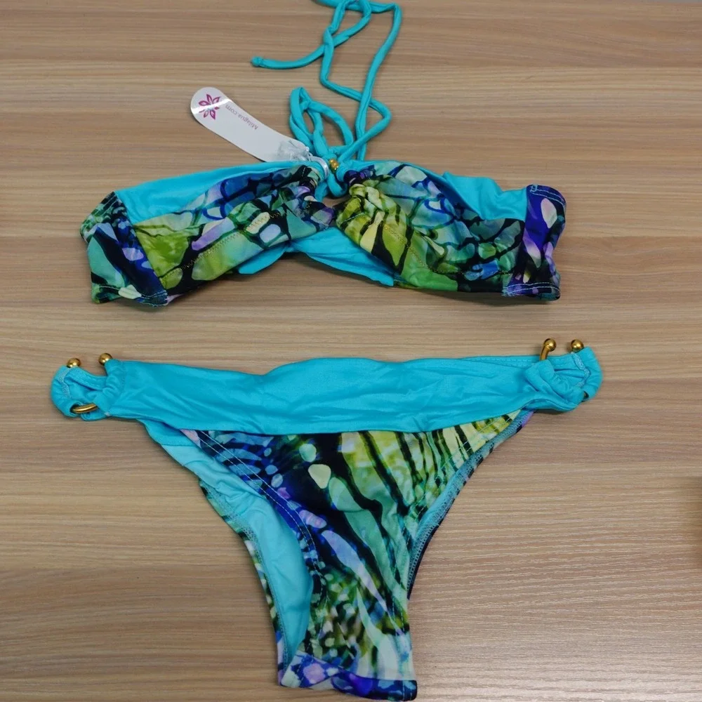 Blue Bikini Set Women S MILAGUA Halter Bandeau Gold Ring Sexy Cheeky Latina NEWS